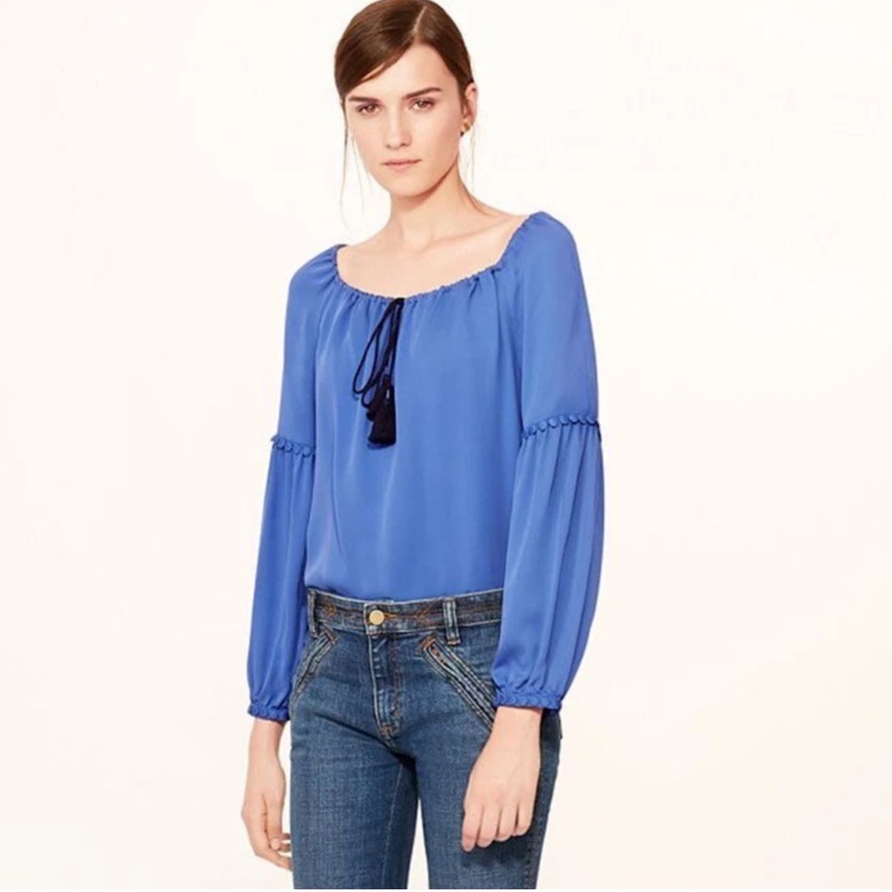 TORY BURCH Blue Silk Fringe Long Sleeves SYLVIE Blouse Size 4 $325